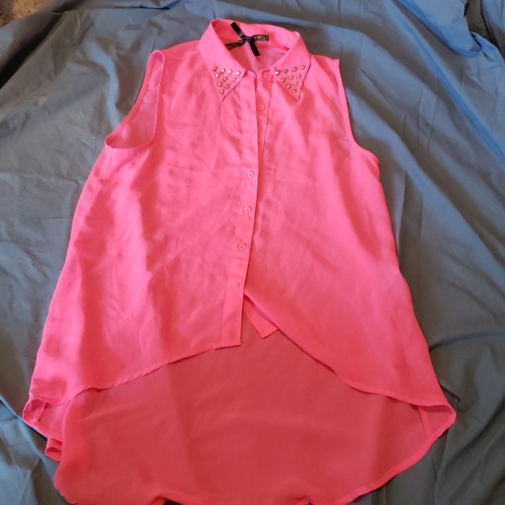Hot pink high low sheer sleeves top